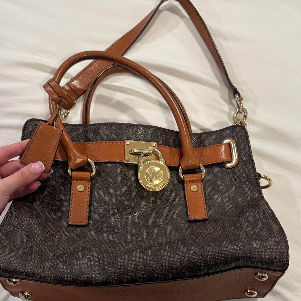 Michael Kors Brown Signature Satchel with Tan Trim and Gold Hardware